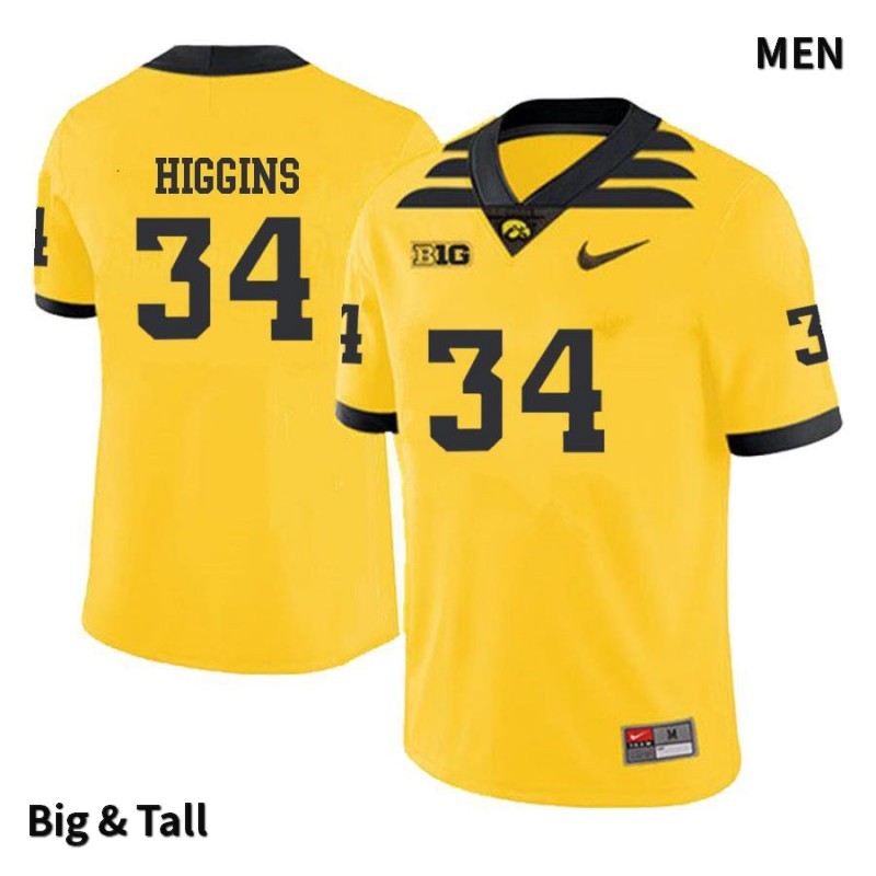 Men's Iowa Hawkeyes NCAA #34 Jay Higgins Yellow Authentic Nike Big & Tall Alumni Stitched College Football Jersey UD34V64AU